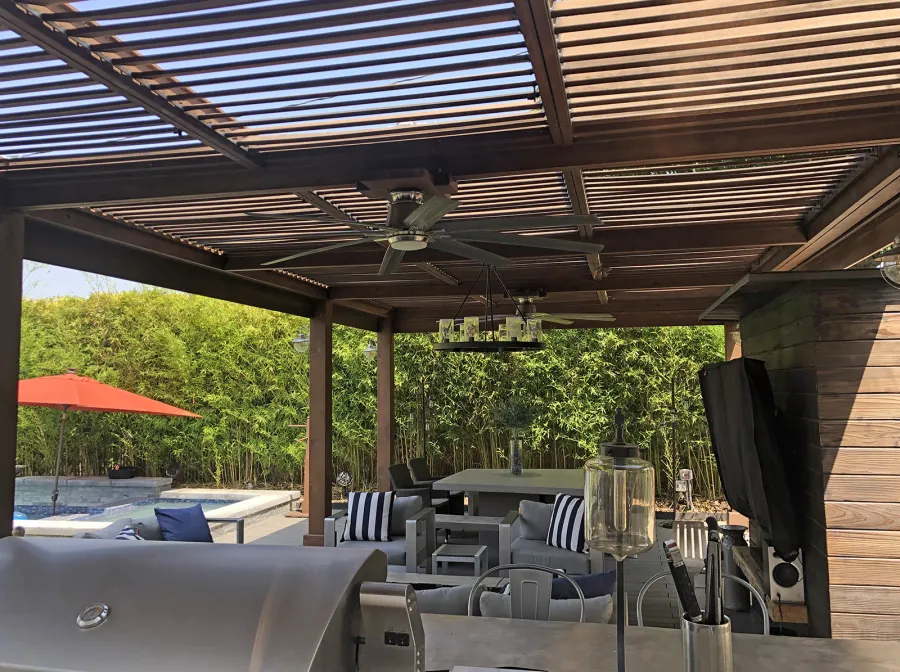 Modern Louvered Garden Pergola (Options: 29' L x 15' W, 8'' x 8'' Posts, Mobile Louvers, California Redwood, 9.5 ft H, 2 Electrical Wiring Trims, Curtain Rod Fascia, 8 Post Anchor Kit for Concrete, No Post Decorative Trims, 2 Ceiling Fan Bases, Coffee-Stain Premium Sealant). Photo Courtesy of M. Brown of Downey, CA.