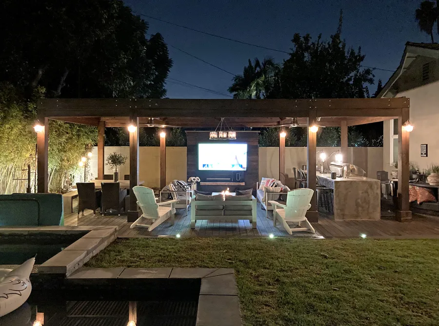 Modern Louvered Garden Pergola (Options: 29' L x 15' W, 8'' x 8'' Posts, Mobile Louvers, California Redwood, 9.5 ft H, 2 Electrical Wiring Trims, Curtain Rod Fascia, 8 Post Anchor Kit for Concrete, No Post Decorative Trims, 2 Ceiling Fan Bases, Coffee-Stain Premium Sealant). Photo Courtesy of M. Brown of Downey, CA.