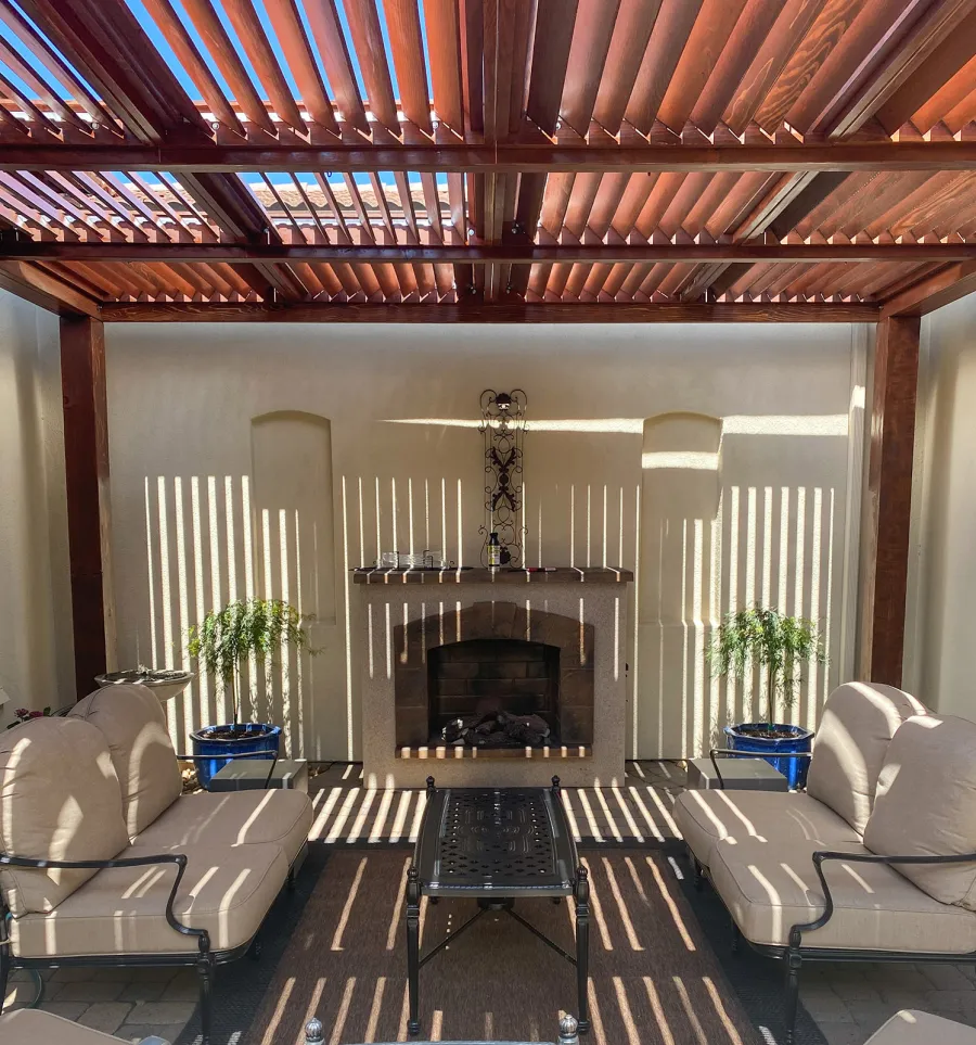 Modern Louvered Garden Pergola (Options: 16' L x 16' W, 8'' x 8'' Posts, Mobile Louvers, California Redwood, 9.5 ft H, No Electrical Wiring Trim, No Curtain Rods, 4 Post Anchor Kit for Concrete, No Post Decorative Trims, No Ceiling Fan Base, Coffee-Stain Premium Sealant). Photo Courtesy of T. Duvall of Reno, Nevada.