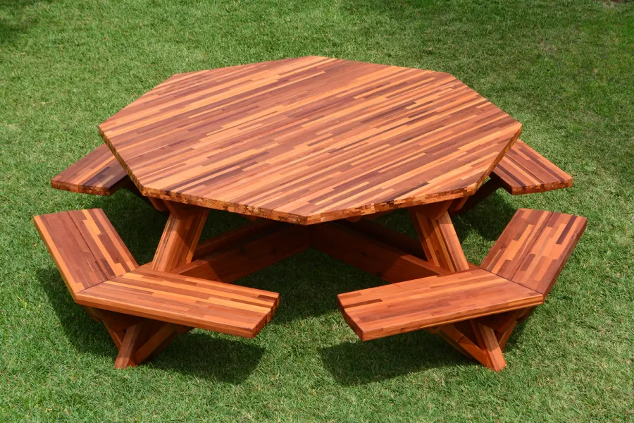 Octagonal Picnic Table (Options: 6' Diameter Tabletop, Attached Benches, Mosaic Redwood, Standard Tabletop, Rounded Corners, No Umbrella Hole, Transparent Premium Sealant).
