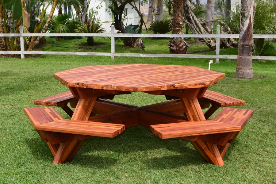 Octagonal Picnic Table (Options: 6' Diameter Tabletop, Attached Benches, Mosaic Redwood, Standard Tabletop, Rounded Corners, No Umbrella Hole, Transparent Premium Sealant).