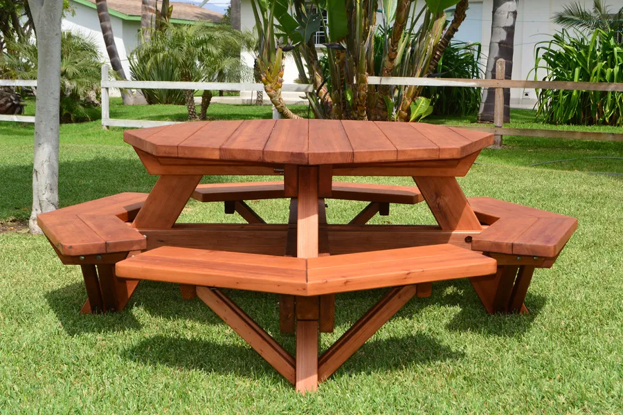 Octagonal Picnic Table (Options: 5' Diameter Tabletop, Attached Benches, Old-Growth Redwood, Standard Tabletop, Rounded Corners, No Umbrella Hole, Transparent Premium Sealant).