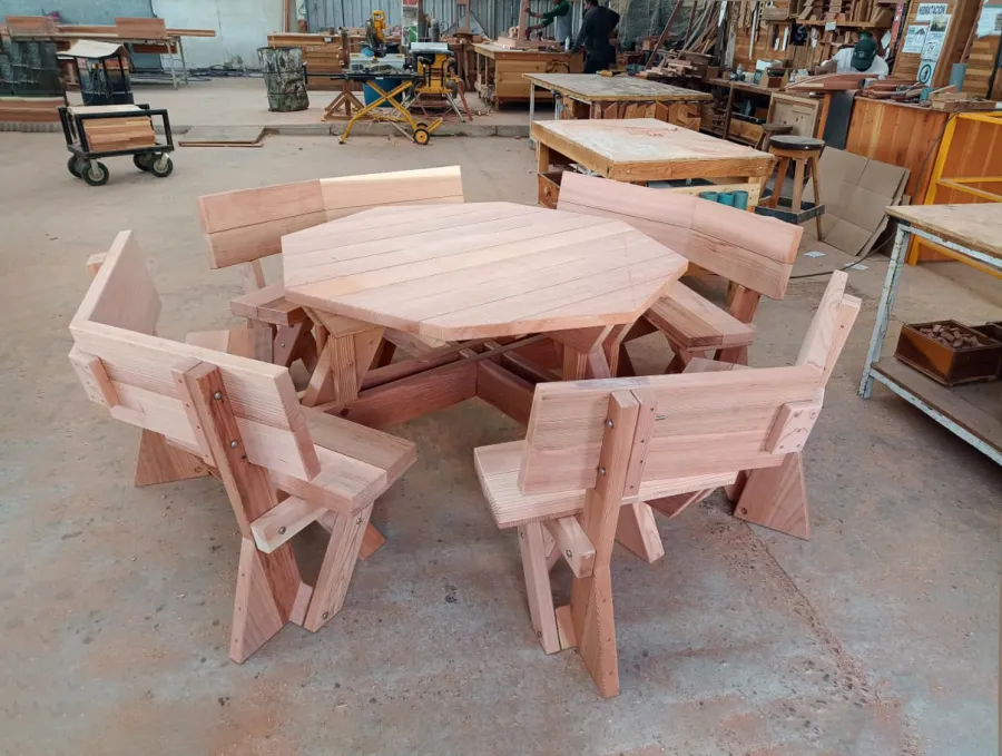 Octagonal Picnic Table Under Construction, Prior to Sanding and Sealing (Options: 5' Diameter Tabletop, Attached Fullback Benches, California Redwood, Standard Tabletop, No Umbrella Hole).