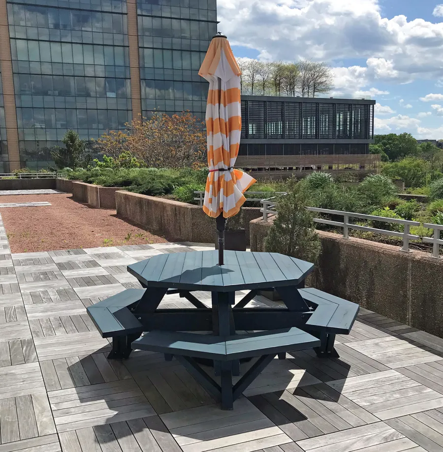 Octagonal Picnic Table (Options: 5' Diameter Tabletop, Attached Benches, Douglas-fir, Standard Tabletop, Rounded Corners, 2" Umbrella Hole, Custom Paint). Photo Courtesy of T. Dunne of Stamford, Connecticut.