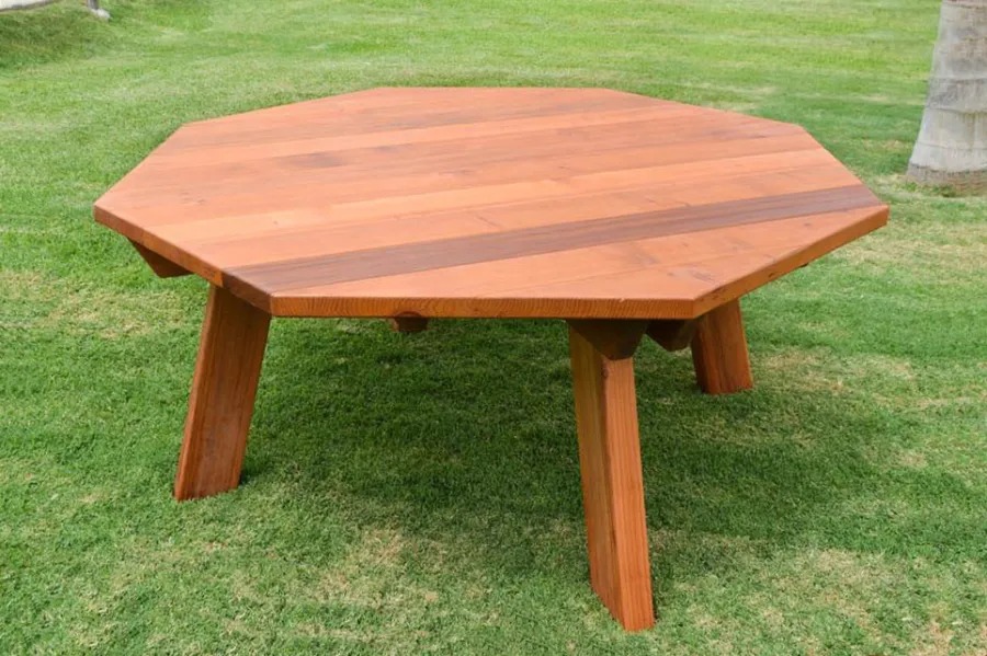 Octagonal Picnic Table (Options: 6' Diameter Tabletop, No Seating, California Redwood, Standard Tabletop, Rounded Corners, No Umbrella Hole, Transparent Premium Sealant). 