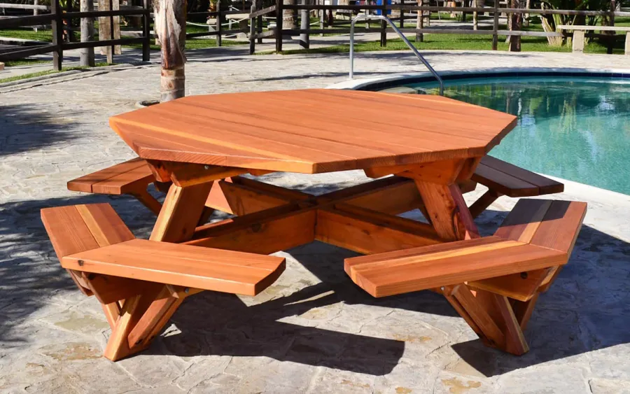 Octagonal Picnic Table (Options: 6' Diameter Tabletop, Attached Benches, Mature Redwood, Standard Tabletop, Rounded Corners, No Umbrella Hole, Transparent Premium Sealant).