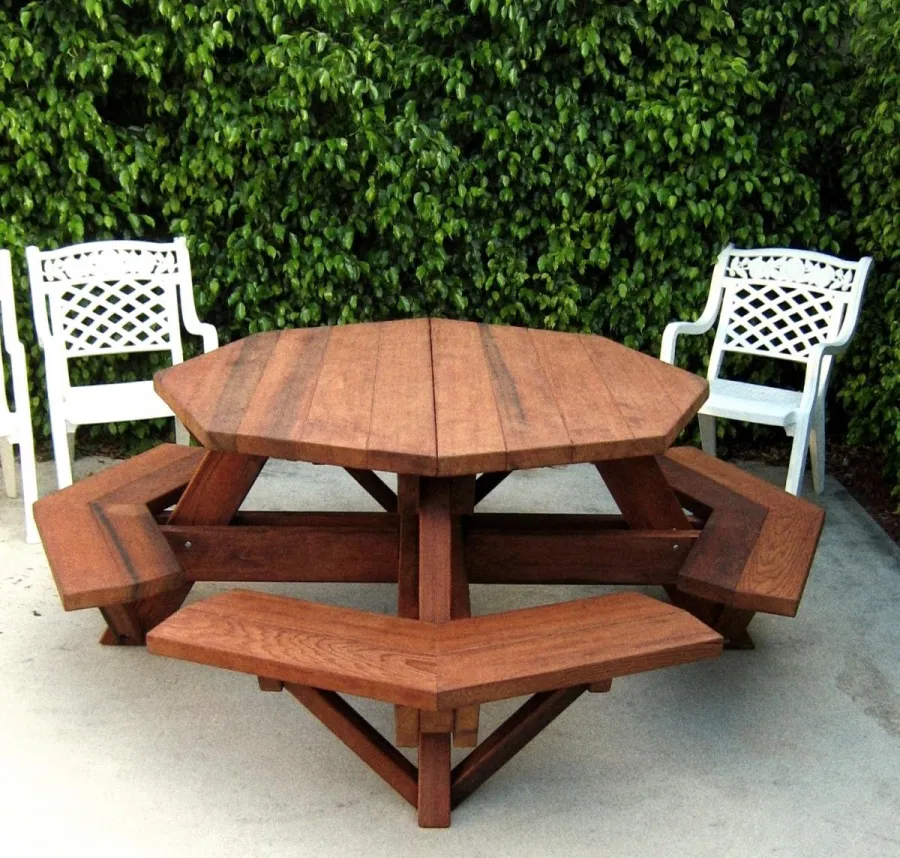 Octagonal Picnic Table (Options: 5' Diameter Tabletop, Attached Benches, Old-Growth Redwood, Standard Tabletop, Rounded Corners, No Umbrella Hole, Transparent Premium Sealant).