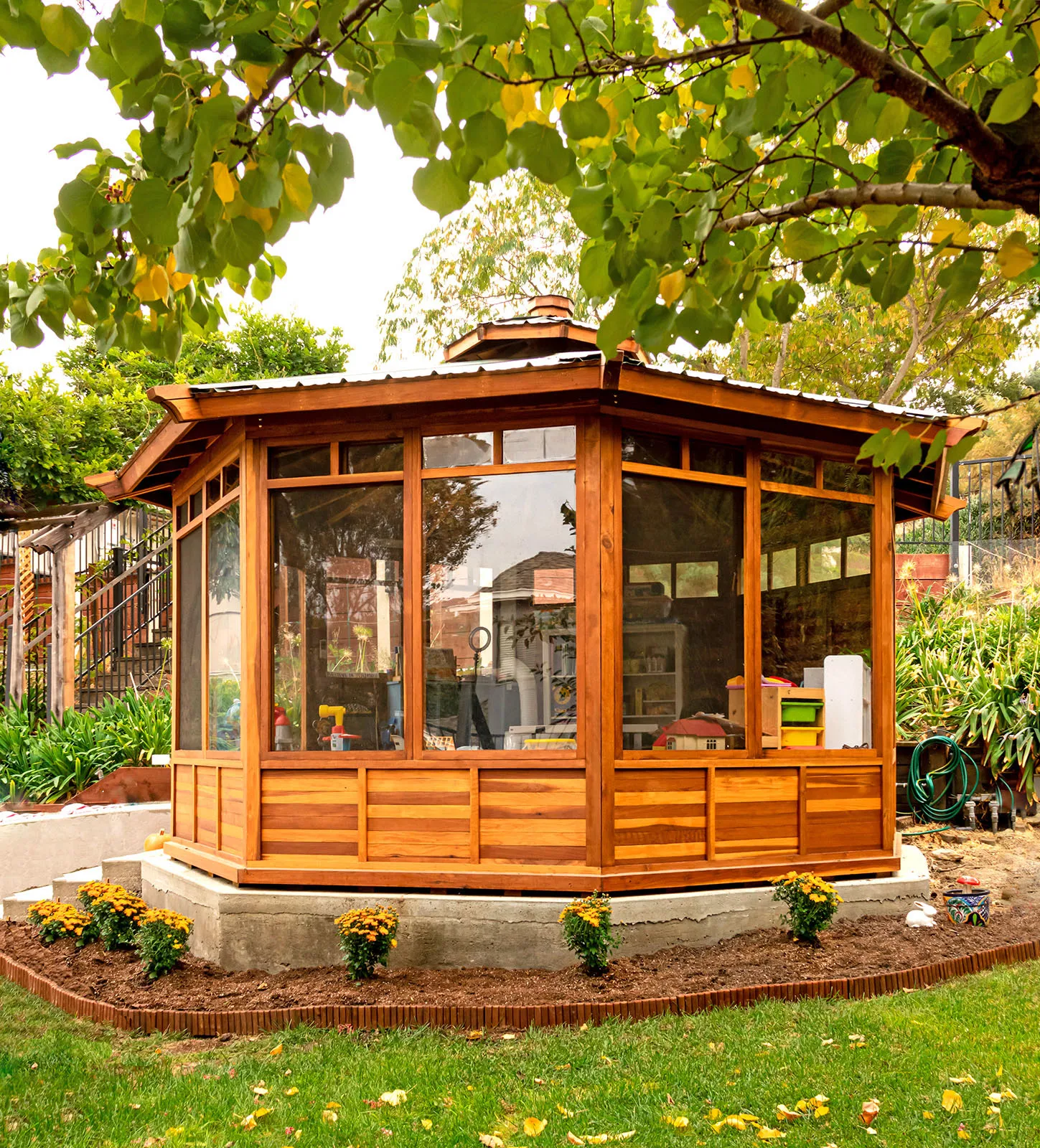Octagonal Sunroom Gazebo, California Redwood, in Morgan Hill, California