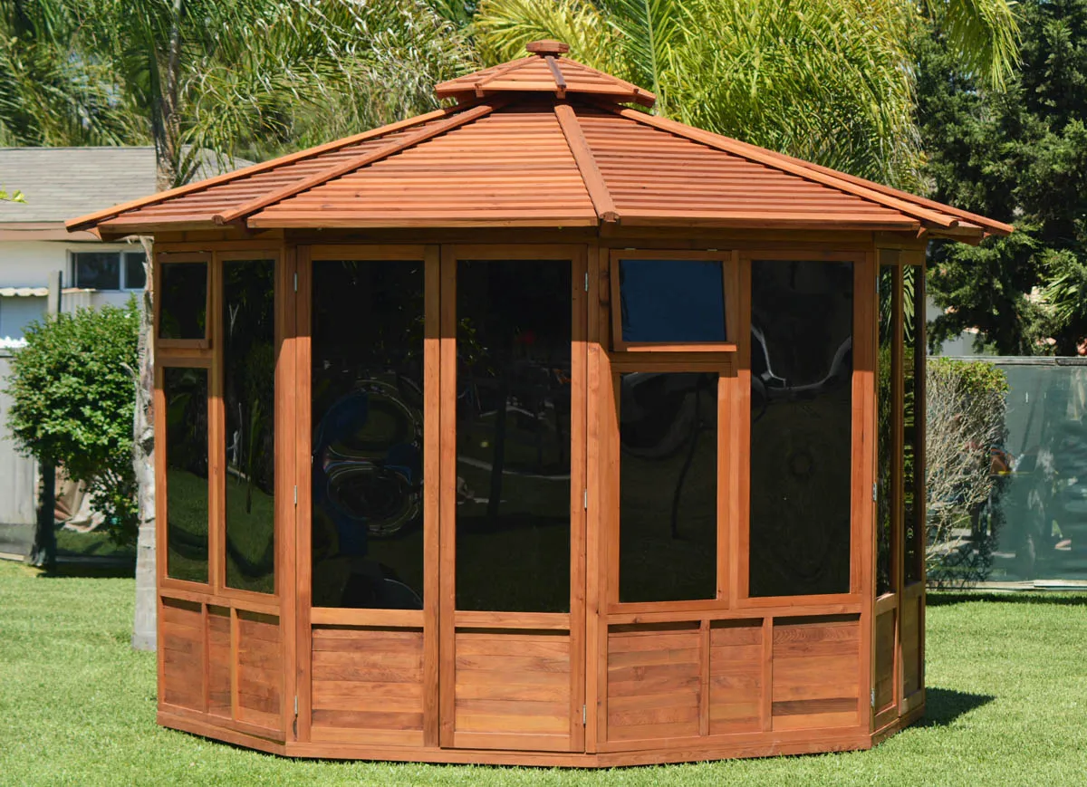 Octagonal Sunroom Gazebo, Mature Redwood