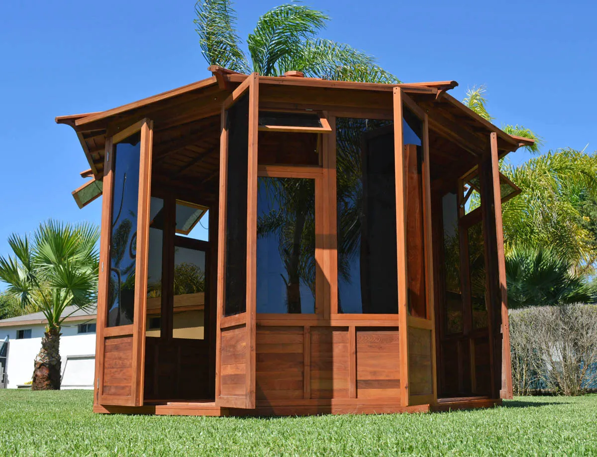 Octagonal Sunroom Gazebo, Mature Redwood