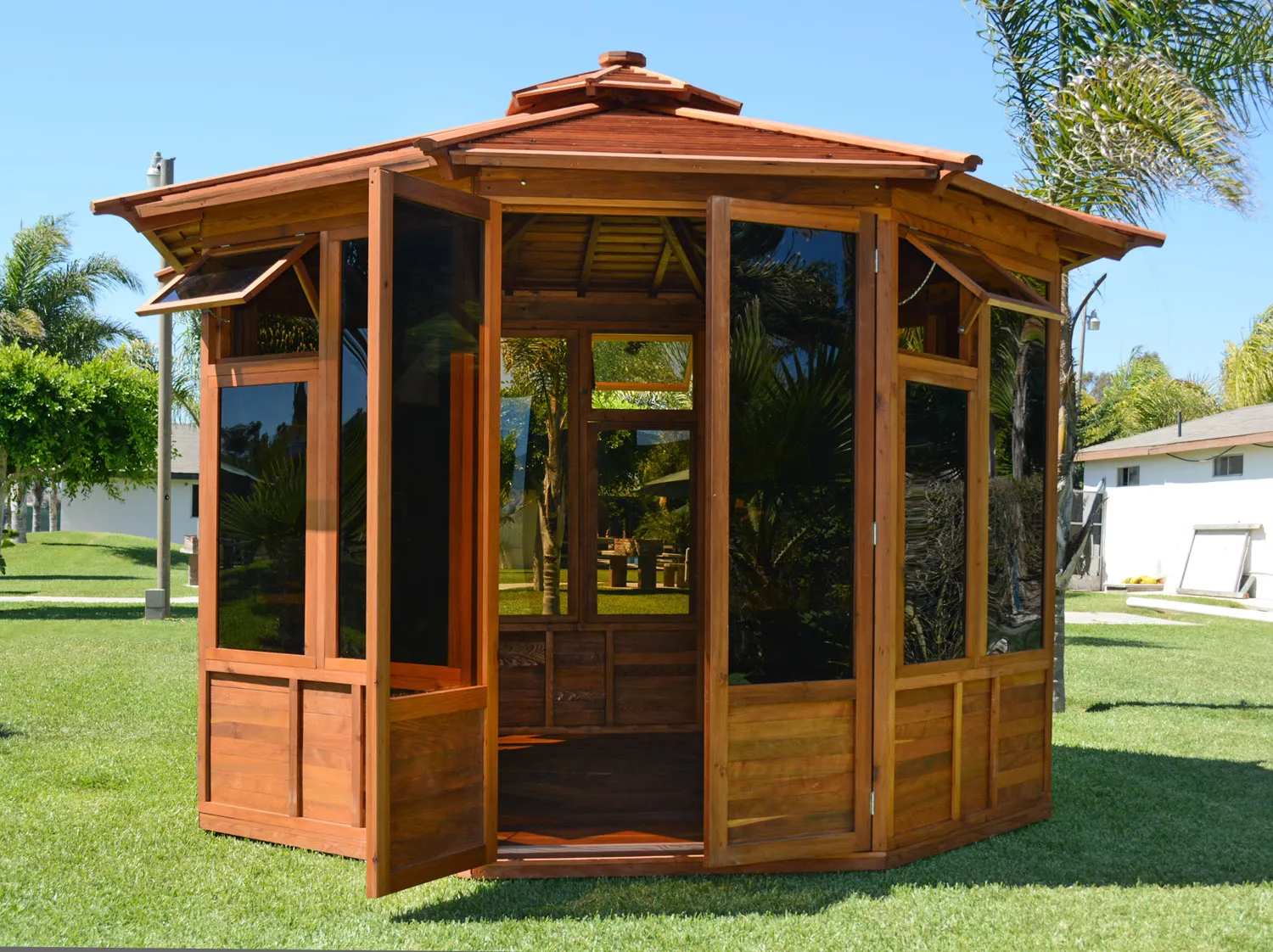 Octagonal Sunroom Gazebo, Mature Redwood