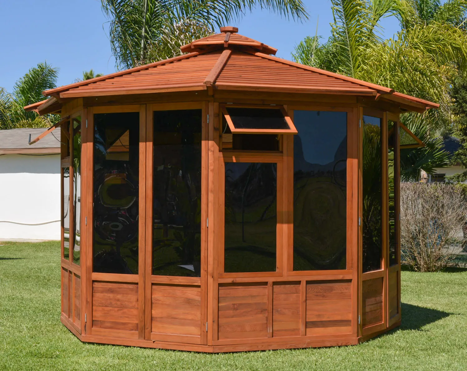 Octagonal Sunroom Gazebo, Mature Redwood