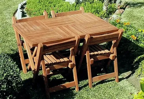 Stackable space saving folding chairs - Outdoor Rectangular Folding Table (Options: 52.5" L, 4 Folding Chairs, 35" W, Old-Growth Redwood, Standard Tabletop, Checkerboard Design, No Umbrella Hole, Squared Corners, Transparent Premium Sealant).