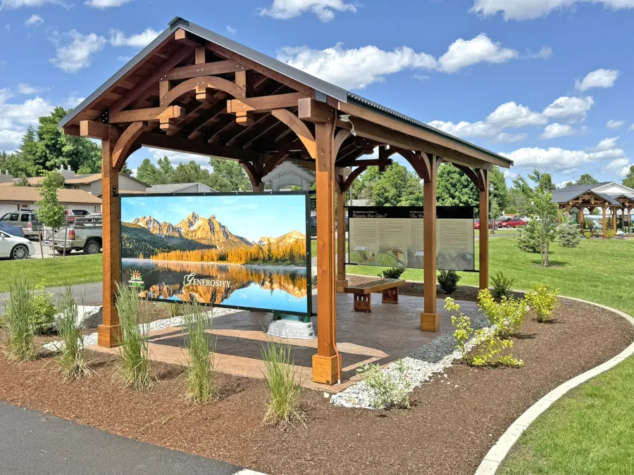 Custom Granada Pavilion (Options: 6in x 6in Posts, 22.5 ft x 12.5 ft, California Redwood, 4-Post Anchor Kit for High-Wind, with Fascia Board, No Curtain Rods, No Ceiling Fan Base, Transparent Premium Sealant). Photo Courtesy of D. Pinkerton of Coeur d'Alene, ID.