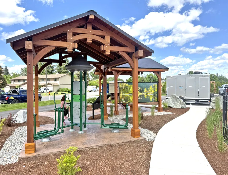 Custom Granada Pavilions (Options: 6in x 6in Posts, 12.5 ft x 12.5 ft, California Redwood, 4-Post Anchor Kit for High-Wind, with Fascia Board, No Curtain Rods, No Ceiling Fan Base, Transparent Premium Sealant). Photo Courtesy of D. Pinkerton of Coeur d'Alene, ID.