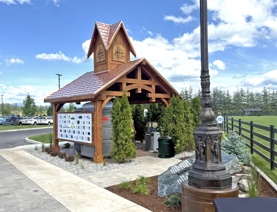 Custom Granada Pavilion (Options: 6in x 6in Posts, 15 ft x 15 ft, California Redwood, 4-Post Anchor Kit for High-Wind, with Fascia Board, No Curtain Rods, No Ceiling Fan Base, Transparent Premium Sealant). Photo Courtesy of D. Pinkerton of Coeur d'Alene, ID.