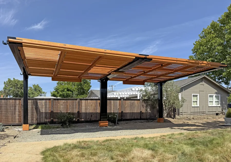 Custom Modern Louvered Garden Pergola (Options: 28' L x 15.5' W, Douglas-Fir, Mobile Louvered Panels, 1 Ceiling Fan Base and 2 Accessory Bases, with Curtain Rods, with Metal Posts and Supports by Custom Request, Transparent Premium Sealant). Photo Courtesy of C. Hedberg of St. Helena, CA.