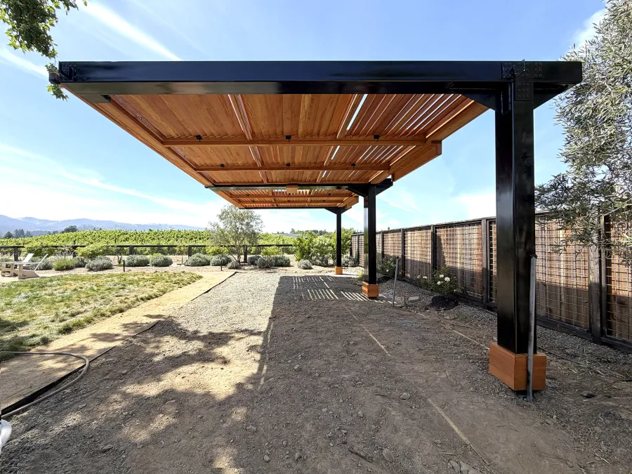 Custom Modern Louvered Garden Pergola (Options: 28' L x 15.5' W, Douglas-Fir, Mobile Louvered Panels, 1 Ceiling Fan Base and 2 Accessory Bases, with Curtain Rods, with Metal Posts and Supports by Custom Request, Transparent Premium Sealant). Photo Courtesy of C. Hedberg of St. Helena, CA.