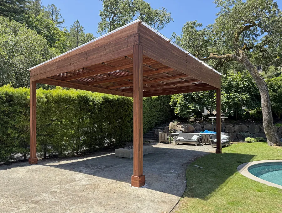 Modern Louvered Garden Pergola (Options: 24' L x 20' W, 8'' x 8'' Posts, Mobile Louvers, Mosaic Redwood, 13 ft H, No Electrical Wiring Trim, No Curtain Rods, 4 Post Anchor Kit for High Wind, No Post Decorative Trims, No Ceiling Fan Base, Coffee-Stain Premium Sealant). Photo Courtesy of T. Rhoads of Kentfield, CA.