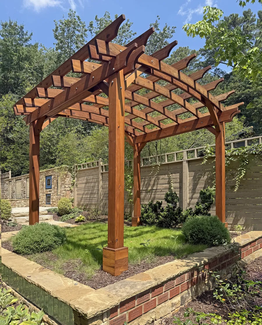 Arched Open Sky Pergolas (Options: 10' L x 12' Arc W, California Redwood, No Electrical Wiring Trim, Post Anchor Kit for High-Wind, No Ceiling Fan Base, No Privacy Panels, No Curtain Rods, 9' Post Height, Transparent Premium Sealant). Photo Courtesy of J. Mainor of Sandy Springs, GA.