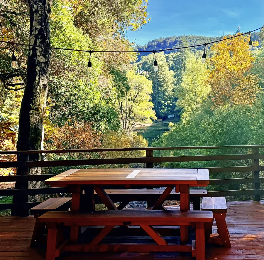 Classic Redwood Patio Table (Options: 6' L x 34 1/2'' W, California Redwood, Side and End Benches,  Old Country Tabletop, Standard, Rounded Corners, No Umbrella Hole, Transparent Premium Sealant). Photo Courtesy of J. Russo of Carmel, CA.