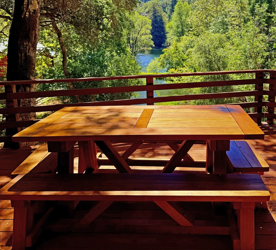 Classic Redwood Patio Table (Options: 6' L x 34 1/2'' W, California Redwood, Side and End Benches,  Old Country Tabletop, Standard, Rounded Corners, No Umbrella Hole, Transparent Premium Sealant). Photo Courtesy of J. Russo of Carmel, CA.