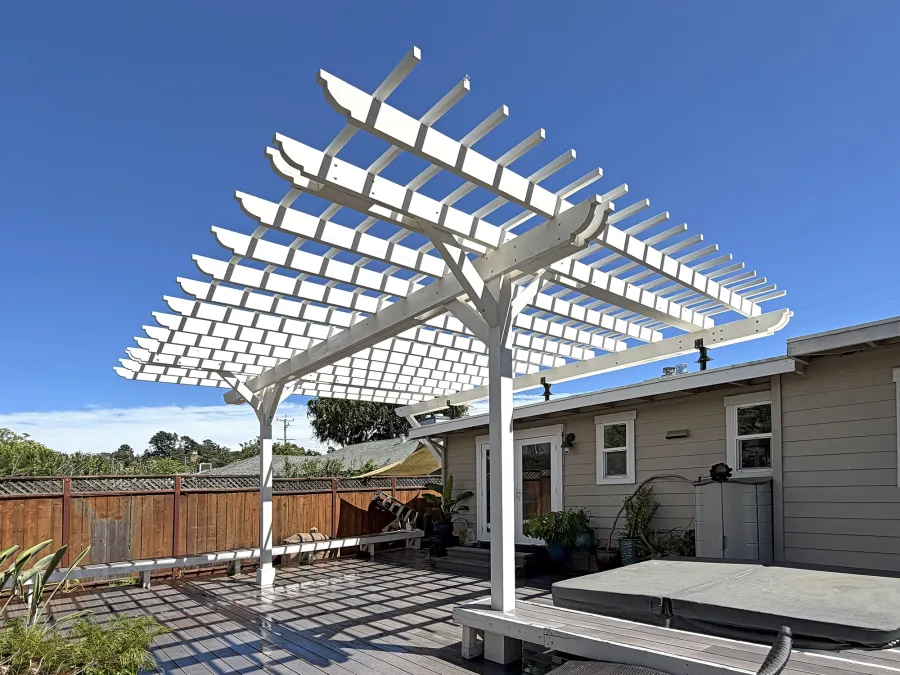 Custom Attached Garden Pergola (Options: 26' x 16', Mosaic Redwood, White Finish). Photo Courtesy of N. Bullok of San Rafael, CA.