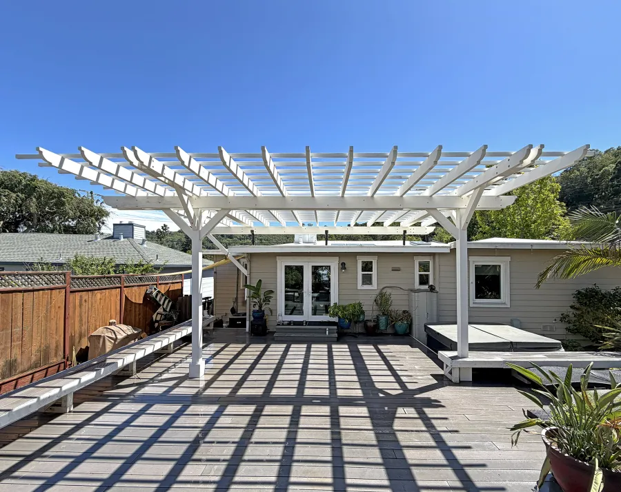 Custom Attached Garden Pergola (Options: 26' x 16', Mosaic Redwood, White Finish). Photo Courtesy of N. Bullok of San Rafael, CA.