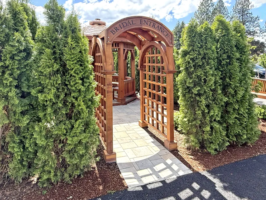 Victorian Trellis (Options: 4' x 4', California Redwood, Custom Engraving, Transparent Premium Sealant). Trellis Installed in Faith Walk Community Fitness Park in Coeur d'Alene, Idaho.