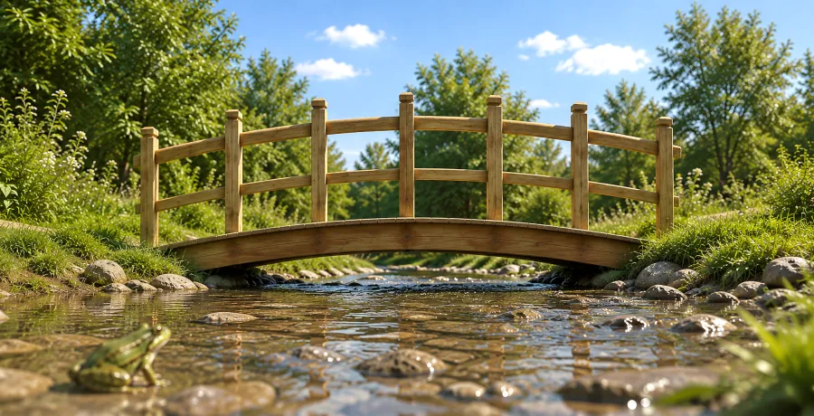 Render of a Forever Foot Bridge (Options: 22.5' L x 4' W, Mature Redwood).