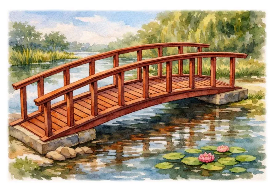 Render of a Custom Forever Foot Bridge (Options: 6' L, 4' W, Mature Redwood).