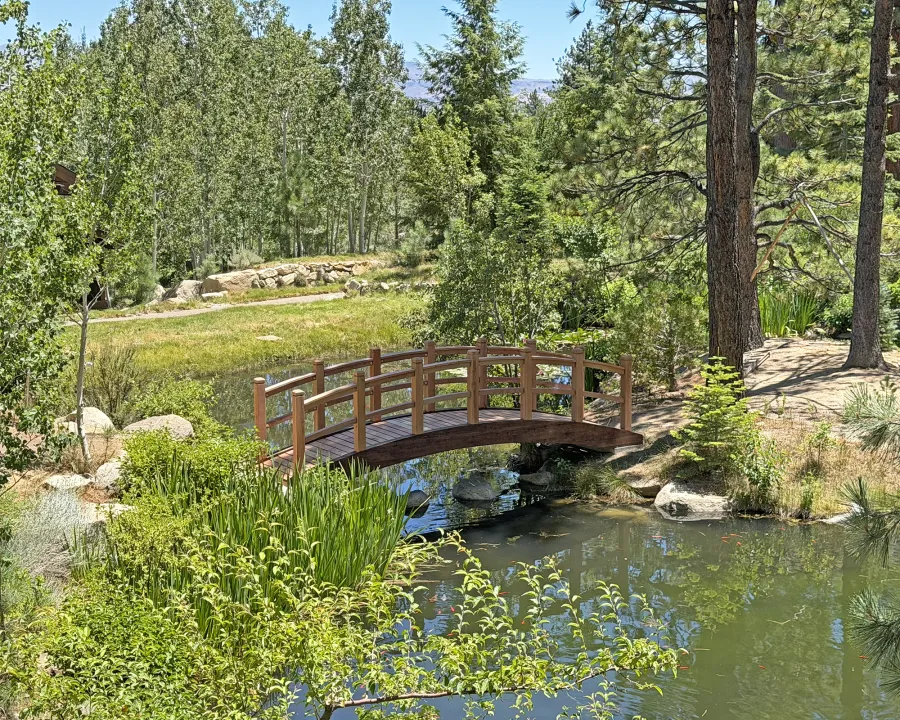 Forever Foot Bridge (Options: 22' L, California Redwood, 5' Width, Transparent Premium Sealant). Photo Courtesy of D. Smith of Gardnerville, NV.