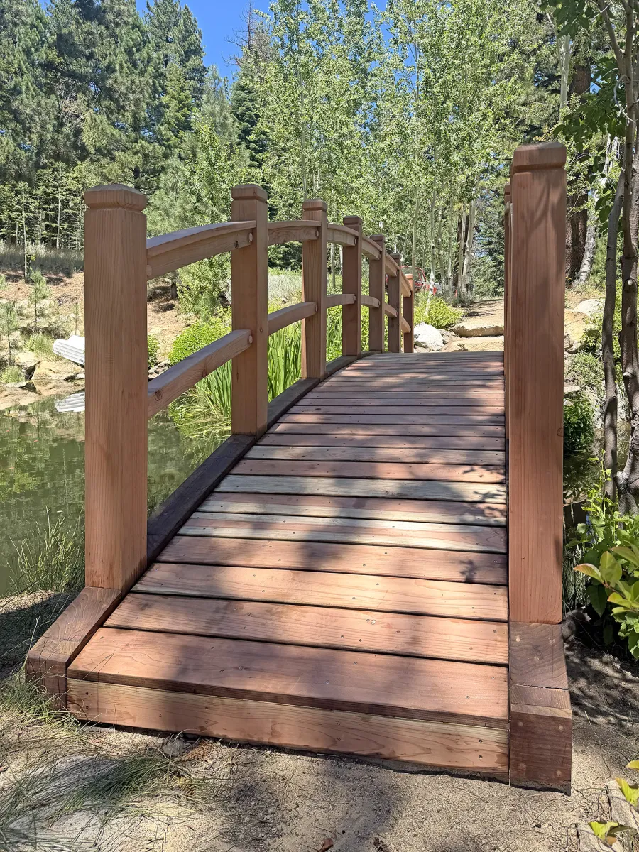 Forever Foot Bridge (Options: 22' L, California Redwood, 5' Width, Transparent Premium Sealant). Photo Courtesy of D. Smith of Gardnerville, NV.