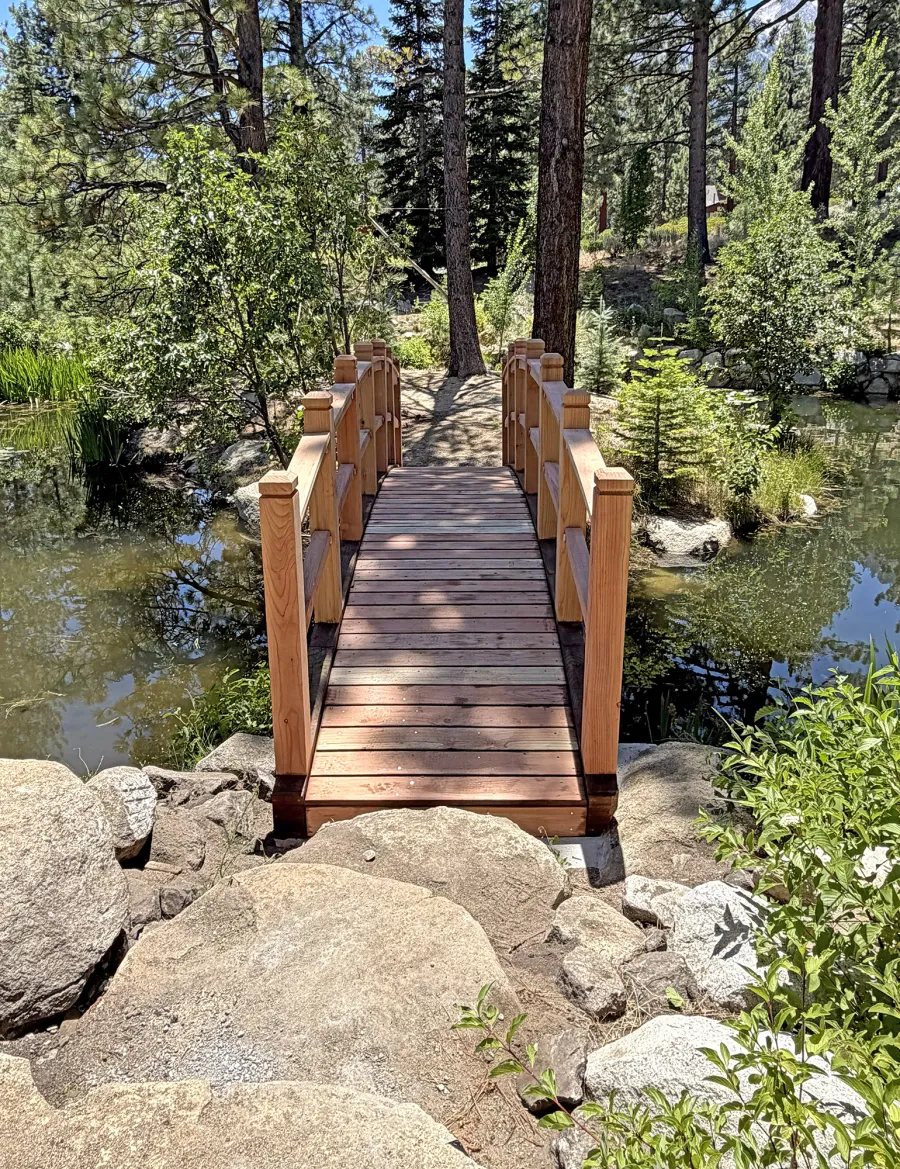 Forever Foot Bridge (Options: 22' L, California Redwood, 5' Width, Transparent Premium Sealant). Photo Courtesy of D. Smith of Gardnerville, NV.