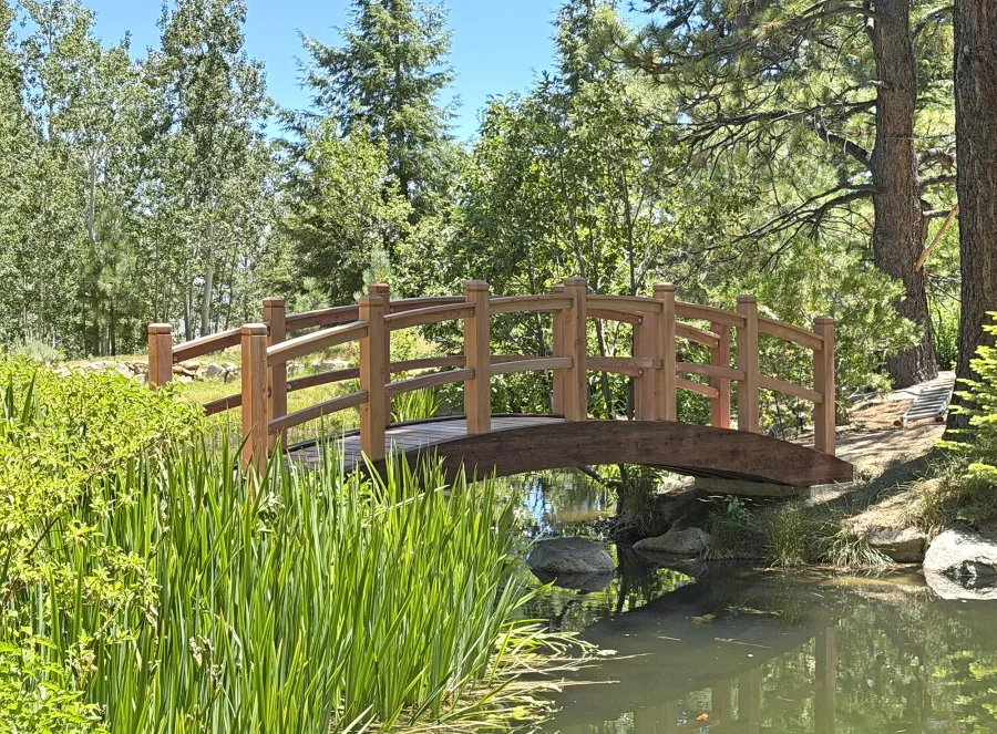 Forever Foot Bridge (Options: 22' L, California Redwood, 5' Width, Transparent Premium Sealant). Photo Courtesy of D. Smith of Gardnerville, NV.
