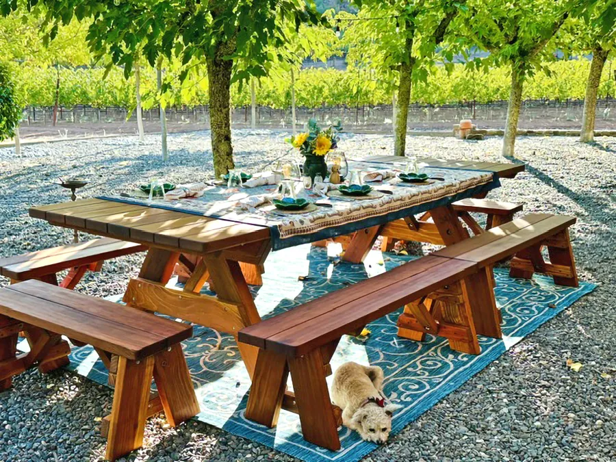 Custom Forever Picnic Tables (Unattached Benches) (Options: 10' L, 46in W,  California Redwood,  Side and End Benches, 2 Half Length Benches Per Side, Standard Tabletop,  Slightly Rounded Corners, No Umbrella Hole, Transparent Premium). Photo Courtesy of R. Reichenberger of ST. Helena, CA.