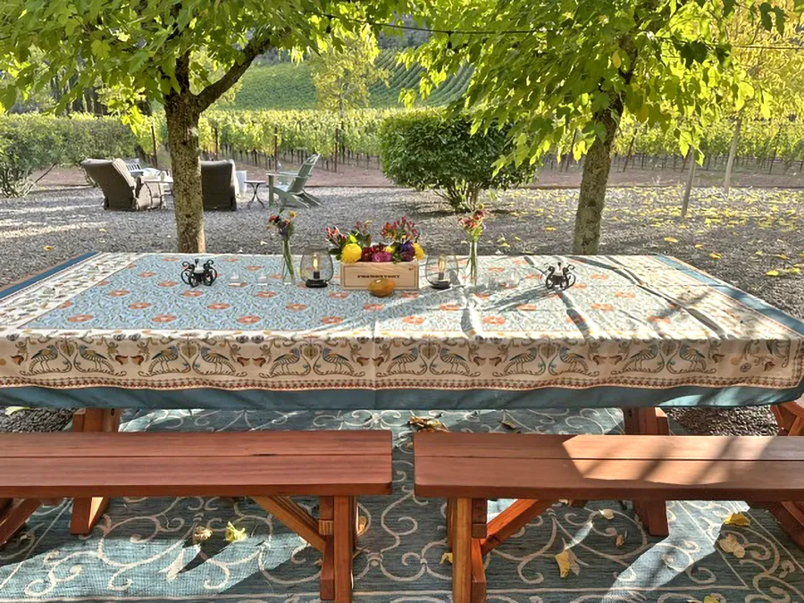 Custom Forever Picnic Tables (Unattached Benches) (Options: 10' L, 46in W,  California Redwood,  Side and End Benches, 2 Half Length Benches Per Side, Standard Tabletop,  Slightly Rounded Corners, No Umbrella Hole, Transparent Premium). Photo Courtesy of R. Reichenberger of ST. Helena, CA.