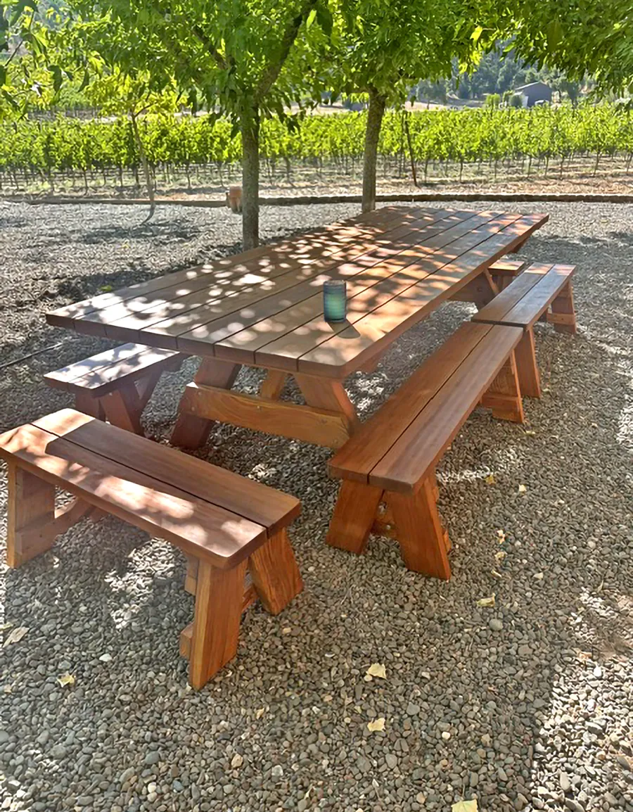 Custom Forever Picnic Tables (Unattached Benches) (Options: 10' L, 46in W,  California Redwood,  Side and End Benches, 2 Half Length Benches Per Side, Standard Tabletop,  Slightly Rounded Corners, No Umbrella Hole, Transparent Premium). Photo Courtesy of R. Reichenberger of ST. Helena, CA.