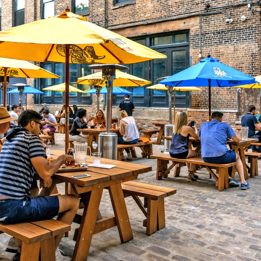 Heritage Large Wooden Picnic Tables at ''Green Street Smoked Meats'' Restaurant, 112 N Green St, Chicago, IL 60607 (Options: Several Sizes, 34 1/2'' W, Unattached Side Benches, Transparent Premium Sealant). Photo Courtesy of Jennifer Whang of Chicago, Illinois.