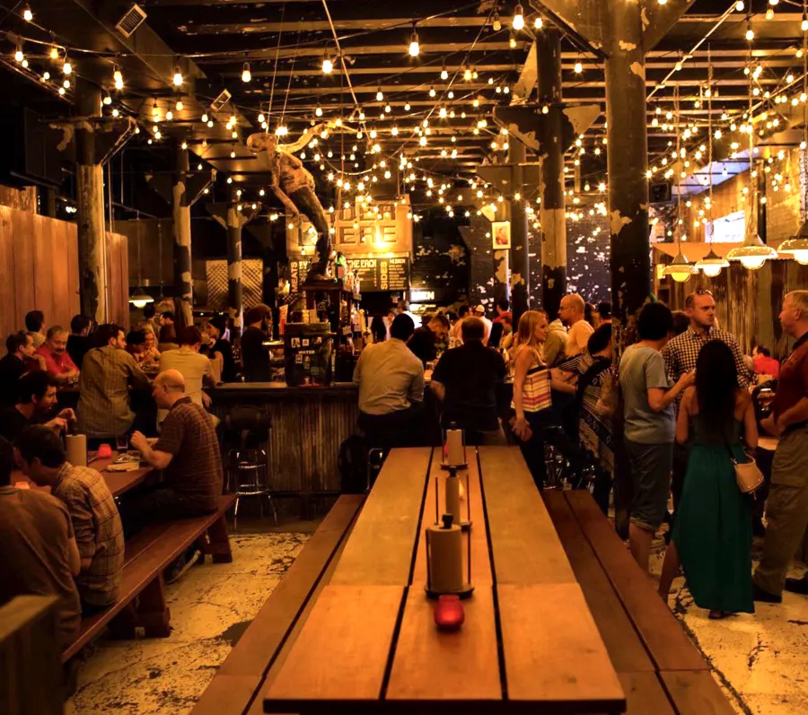 Heritage Large Wooden Picnic Tables at ''Green Street Smoked Meats'' Restaurant, 112 N Green St, Chicago, IL 60607 (Options: Several Sizes, 34 1/2'' W, Unattached Side Benches, Transparent Premium Sealant). Photo Courtesy of Jennifer Whang of Chicago, Illinois.