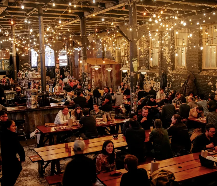 Heritage Large Wooden Picnic Tables at ''Green Street Smoked Meats'' Restaurant, 112 N Green St, Chicago, IL 60607 (Options: Several Sizes, 34 1/2'' W, Unattached Side Benches, Transparent Premium Sealant). Photo Courtesy of Jennifer Whang of Chicago, Illinois.