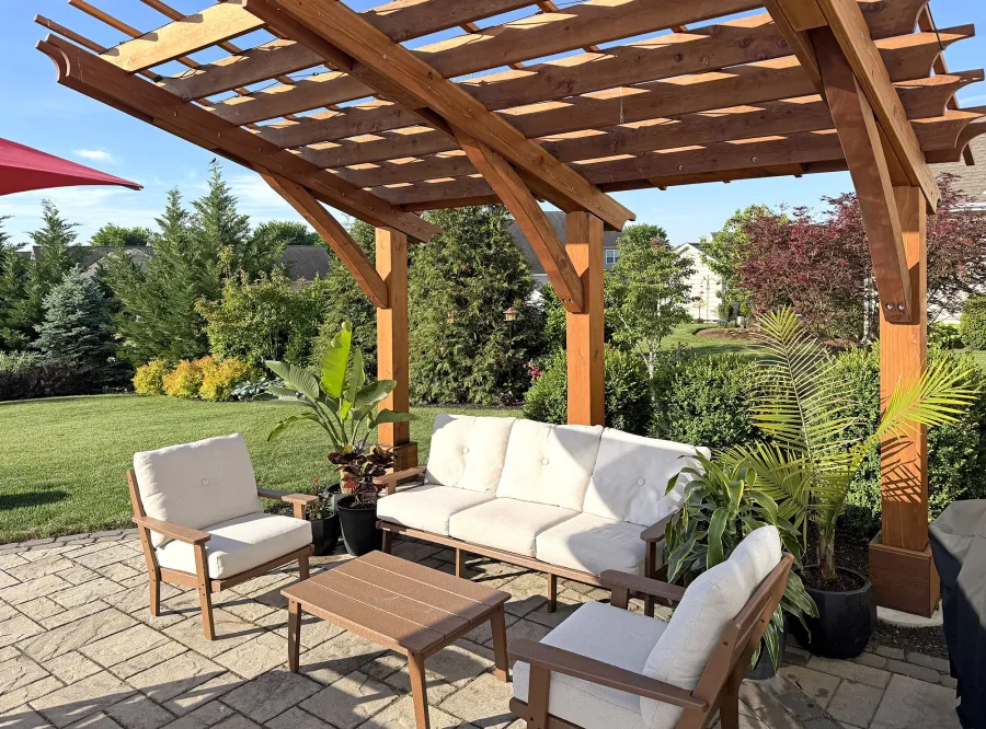 Cantilevered Pergola (Options: 15' L x 10' W, California Redwood, Post Anchor Kit for High-Wind, 8' H Posts, 8x8 Posts, Transparent Premium Sealant). Photo Courtesy of J. Main of Lancaster, PA.