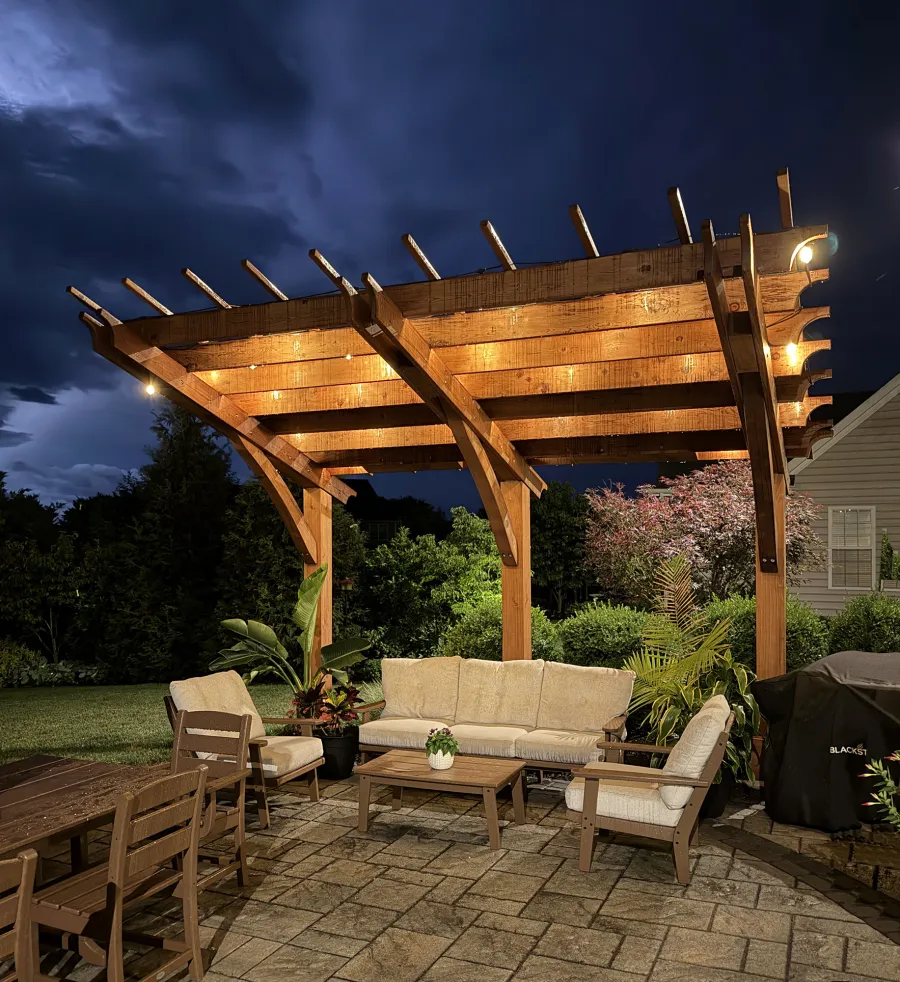 Cantilevered Pergola (Options: 15' L x 10' W, California Redwood, Post Anchor Kit for High-Wind, 8' H Posts, 8x8 Posts, Transparent Premium Sealant). Photo Courtesy of J. Main of Lancaster, PA.