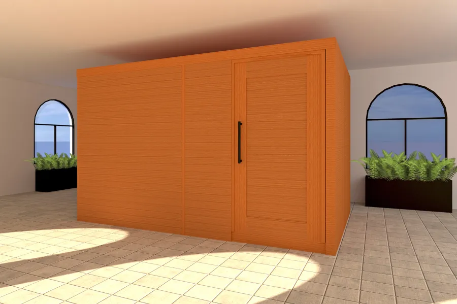 Render of Raul’s Rad Redwood Sauna (Options: 11' W, 8' D, 7' H, Flat Roof for Interior Areas, Transparent Premium Sealant). 
