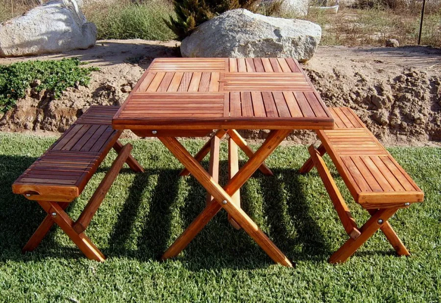 Rectangular Folding Picnic Table (Options: 52.5" L, 35" W, Folding Side Benches, California Redwood, 2 Half Length Benches/Side, Standard Tabletop, Checkerboard Design, Squared Corners, Umbrella Hole & Plug (1 5/8"), Transparent Premium Sealant).