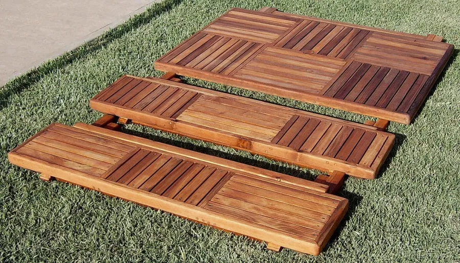 Folds down to less than 5"! - Rectangular Folding Picnic Table (Options: 52.5" L, 35" W, Folding Side Benches, California Redwood, 2 Half Length Benches/Side, Standard Tabletop, Checkerboard Design, Squared Corners, Umbrella Hole & Plug (1 5/8"), Transparent Premium Sealant).
