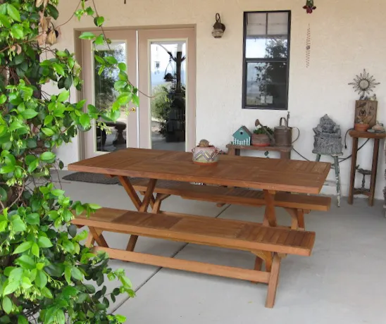 Rectangular Folding Picnic Table (Options: 72" L, 24" W, Folding Side Benches, Old-Growth, 1 Full Length Bench/Side, Seamles Tabletop, Checkerboard Design Tabletop, Squared Corners, No Umbrella Hole, Transparent Premium Sealant). Photo Courtesy of Ms. Christine K. of Twentynine Palms, CA. 