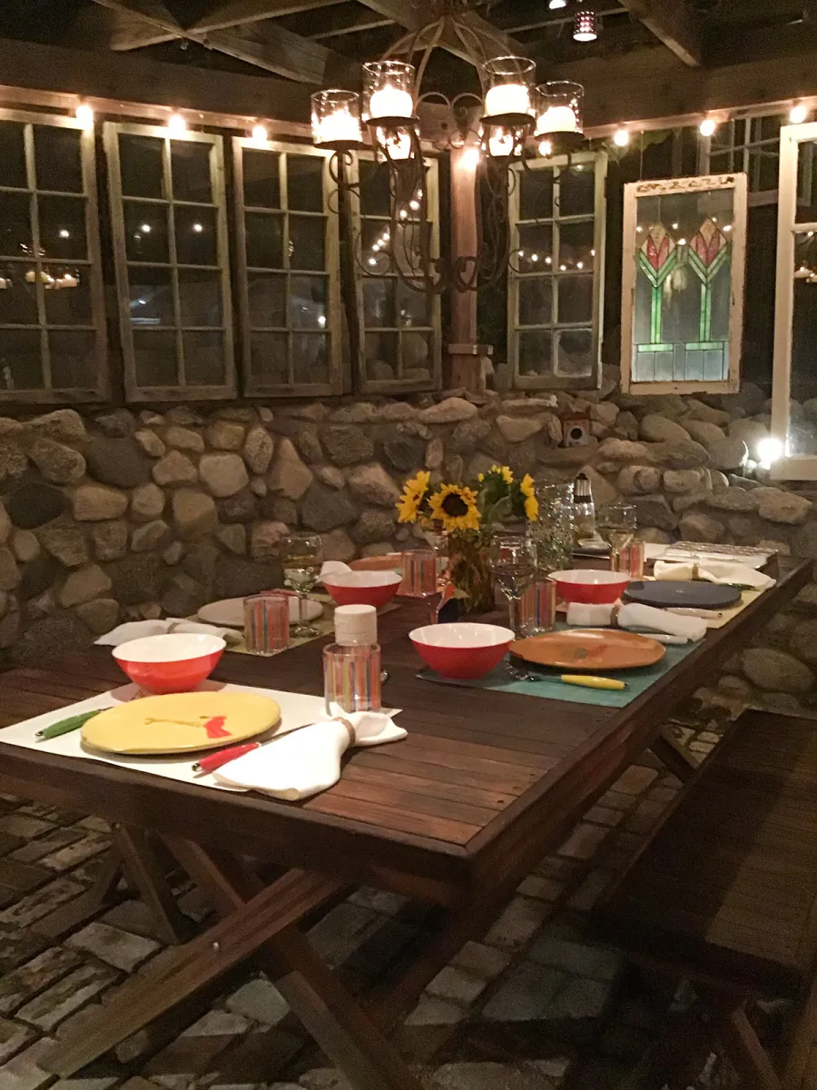 Rectangular Folding Picnic Table (Options: 72" L, 35" W, Folding Side Benches, Mosaic Redwood, 2 Full Length Bench/Side, Standard Tabletop, Boards Laid in the Same Direction, Squared Corners, No Umbrella Hole, Transparent Premium Sealant). Photo Courtesy of M. Squyres of Woodland Hills, CA.