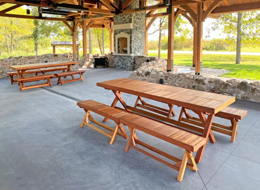 Rectangular Folding Picnic Tables (Options: 96" L, 30" W, Folding Side Benches, California Redwood, 2 Half Length Benches/Side, Standard Tabletop, Boards Laid in the Same Direction, No Umbrella Hole, Transparent Premium Sealant). Photo Courtesy of M. Ariens of Brillion, Wisconsin.