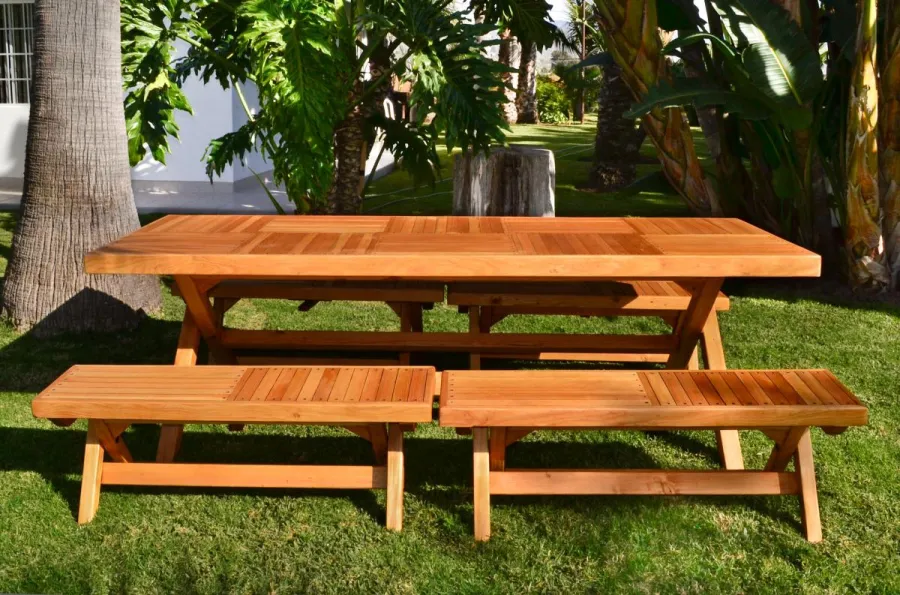 Rectangular Folding Picnic Table (Options: 96" L, 35'' W, Side Benches, Douglas-Fir, 2 Half Length benches/Side, Standard Tabletop, Checkerboard Design Tabletop, Slightly Rounded Corners, No Umbrella Hole, Transparent Premium Sealant). 